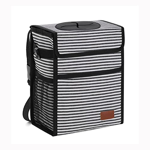 Femuar Car Trash Can with Lid - Leak Proof, Waterproof, Multipurpose Car Hanging for Headrest, Collapsible, Portable with Storage Mesh Pocket, Stripe - color: Stripe, size: 2.25 Gallons