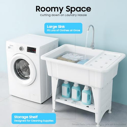 Freestanding Plastic Laundry Sink, Utility Sink Laundry Tub with Faucet, Indoor and Outdoor Utility Sink Hoses and Drain Kit, Slop Sink Wash Station for Garage/Basement/Garden - color: White, 32.3 x 22.4 x 29.9in