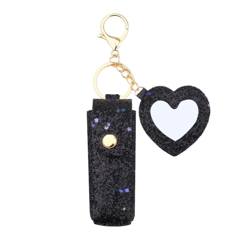 Sisadodo Glitter Lip Oil Holder Key Chains for Woman Lipstick Case with Mirror Lip Balm Keychain for Lipstick Case Keychain - color: Black-heart