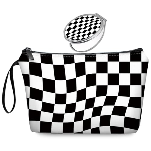 Black Checkered Gifts for Women – Unique Black Plaid Travel Makeup Bag Set with Mirror, Cosmetic Pouch Set for Checkered Lovers & Mom - color: Checkered Black-2S
