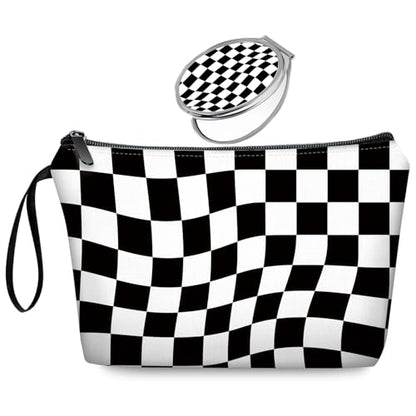 Black Checkered Gifts for Women – Unique Black Plaid Travel Makeup Bag Set with Mirror, Cosmetic Pouch Set for Checkered Lovers & Mom - color: Checkered Black-2S