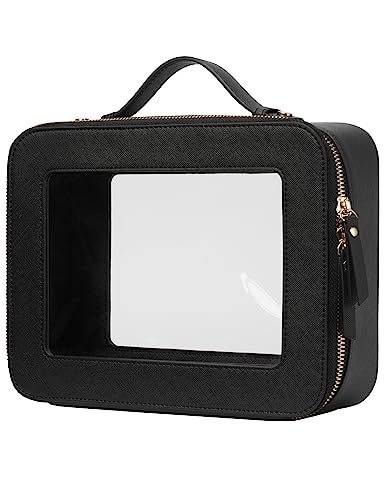 Popvibe Clear Makeup Bag Travel Cosmetic Case Transparent Toiletry Bag with Zipper, Portable Make Up Organizer Traveling Compact Car Bag for Essentials - color: Black, style: Large Luxe