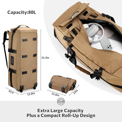 STOVER 45/80/100L Rolling Duffel Bag with Wheels, Large Durable Travel Duffle + Toiletry Bag, Heavy Duty, Packable, Foldable with Shoulder Straps- Use as Luggage or Backpack, Men/Women (Tan) - color: Tan