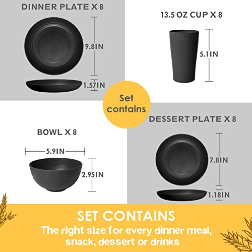 Teivio 32-Piece Kitchen Plastic Wheat Straw Dinnerware Set, Service for 8, Unbreakable Modern Dish Set - Dinner Plate/Dessert Plate/Cereal Bowl/Cup, for Apartment Essentials, Outdoor Camping, Black - color: Black
