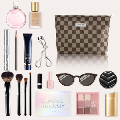 Wudygirl Travel Cosmetic Bag Checkered Makeup Bag Canvas Makeup Pouch for Women Toiletry Pouch Large Capacity Make up Organizer with Zipper Aesthetic (Brownish Checkered) - color: Brownish Checkered