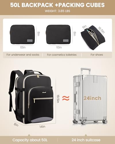 LOVEVOOK 50L Travel Backpack for Women Men,Waterproof Airline Approved Carry On Luggage Travel Essentials,TSA Carry On Backpack Personal Item Travel Bag Suitcase Weekender Traveling with Packing Cubes - color: Black-grey-backpack
