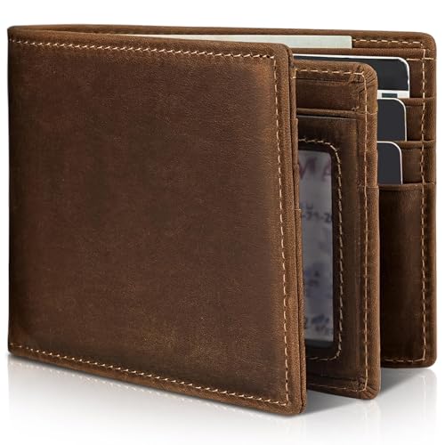 Artpaxy Mens Wallet Genuine Leather Bifold RFID Blocking Wallet for Men with 1 ID Window 13 Card Holders 2 cash pockets 1 Gift Box - color: Coffee Brown