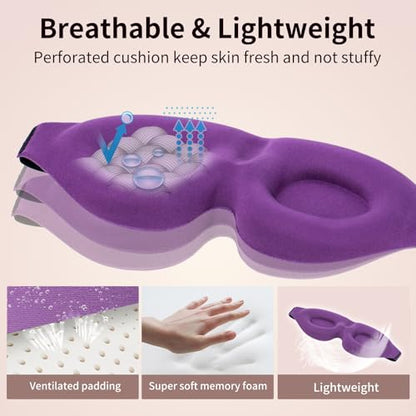 Sleep Mask, Blackout 3D Contoured Sleeping Eye Mask, Upgraded Eyelash Friendly Night Blindfold with Adjustable Strap, Lightweight Soft Eyeshade for Women Men, Concave Cup Eye Cover for Travel Nap - color: Purple