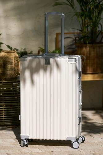 HotWay 26 Inch Aluminum Frame Luggage with Spinner Wheels, PC Hard Shell Suitcase with Cup Holder, Zipperless Luggage for Business Travel, White - color: White (PC+Aluminum), size: Checked in 26inch