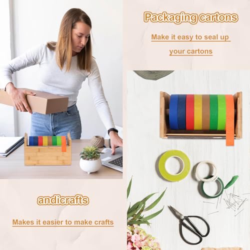 Wood Masking Tape Dispenser Fits 1" and 3" Core Large Tape Dispenser 3 Inch Core Painters Tape Dispenser Multi Roll Tape Holder Craft Tape Dispenser with 8 Pcs 3 Inch Core for Heat Tape (No Tape)
