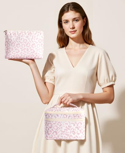HBselect 2Pcs Travel Makeup Bag, Large Cotton Quilted Makeup Bag Cosmetic Bag Cute Make up Bag Toiletry Bags for Women Girls - color: 2PCS-Quilted Makeup Bag 2
