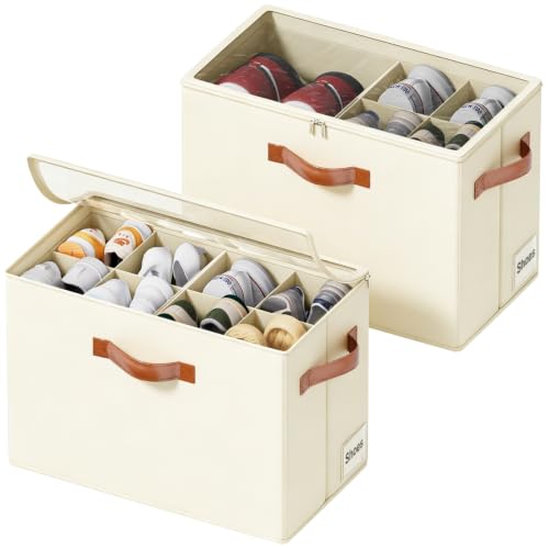 2 Pack Shoe Organizer for Closet, Space Saving, Beige | Fits 16-32 Pairs, Adjustable Dividers, Clear Cover, Reinforced Handles, Stackable & Foldable Shoe Storage Box - color: Beige-2 Pack, size: 17"L x 8.7"W x 12 ½"H