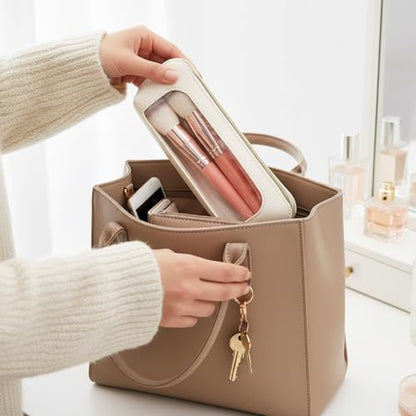 Skrfren Small Clear Makeup Pouch, PU Leather Mini Makeup Pouch Portable Travel Mini Cosmetic Bag, Waterproof Cosmetic Organizer Pouchs with Zipper for Women Home Travel Office Storage, White