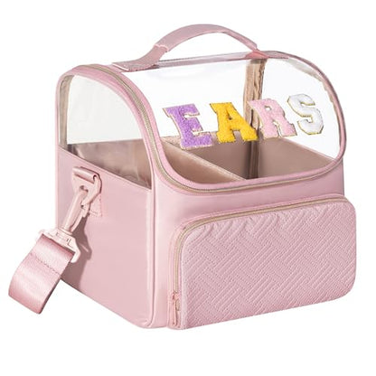 Mouse Ears Travel Case with Detachable Divider, Headband Holder Organizer Bag with Shoulder Strap, Chenille Letter Hair Accessories Storage Box, Pink with Gold Zipper - color: Pink-Gold Zipper