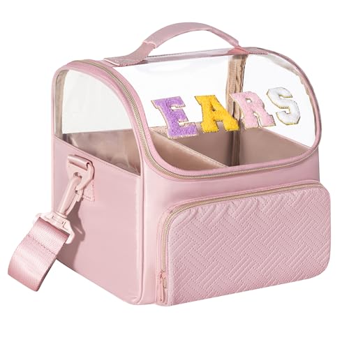 Mouse Ears Travel Case with Detachable Divider, Headband Holder Organizer Bag with Shoulder Strap, Chenille Letter Hair Accessories Storage Box, Pink with Gold Zipper - color: Pink-Gold Zipper