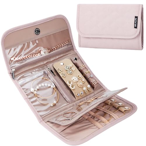 BELALIFE Travel Jewelry Case Organizer, Medium Foldable Storage Roll for Earrings, Necklaces, Rings, Bracelets, Brooches, Pink - color: Pink, size: Medium