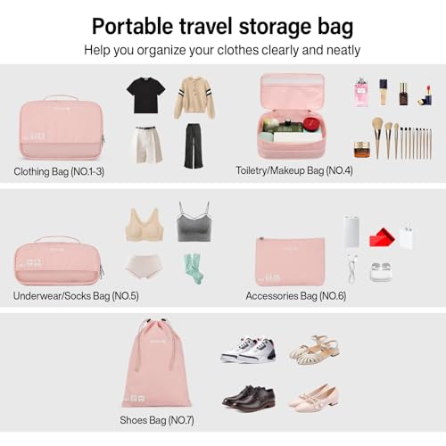 Hanke 7 Set Compression Packing Cubes for Travel, Expandable Large Packing Cubes for Suitcases and Backpack, Luggage Packing Organizer Bags with Double Zipper as Travel Essentials