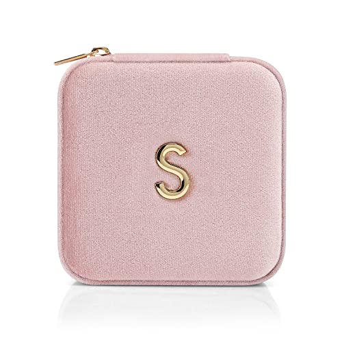 VLANDO Small Travel Jewelry Box Organizer Display Case for Rings Earrings Necklaces Storage, Selected Soft Velvet, Letter S Engraved, Pink - color: b. Powder Pink S