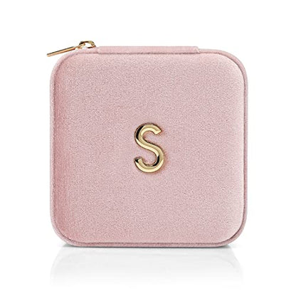 VLANDO Small Travel Jewelry Box Organizer Display Case for Rings Earrings Necklaces Storage, Selected Soft Velvet, Letter S Engraved, Pink - color: b. Powder Pink S