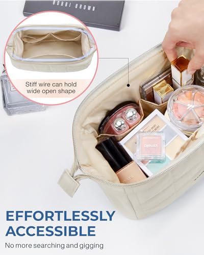 BAGSMART Makeup Bag Cosmetic Bag Wide Open, Beige, M, Wide-open Travel Makeup Bag With Puffy Padded and Rectangular Quilted - color: 08-Cream Beige