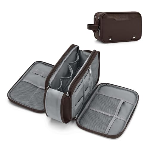 Wedama Toiletry Bag for Men, Medium Hanging Travel Toiletry Bag, Extra Electronic Organizer Bag Waterproof Shaving Bag for Toiletries with PU Handle for Travel Business Trips Swim Camping, Brown - color: Brown, size: Medium