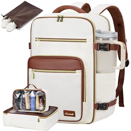 LOVEVOOK Travel Backpack For Women,40L Carry On Backpack Flight Approved,TSA Personal Item Travel Bag Fits 17 Inch Laptop,Business Weekender Overnight Daypack with Toiletry Bag and Cube,White brown - color: White With Brown, size: 17.3 Inch-40L-4Pcs