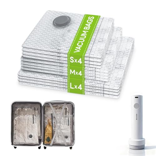 12 Pack Vacuum Bags for Travel with Rechargeable USB Electric Pump,Space Saver Storage Bags for Luggage and Suitcase,Portable Cordless Travel Vacuum Bag Set Seal Bags - size: 12 Pack