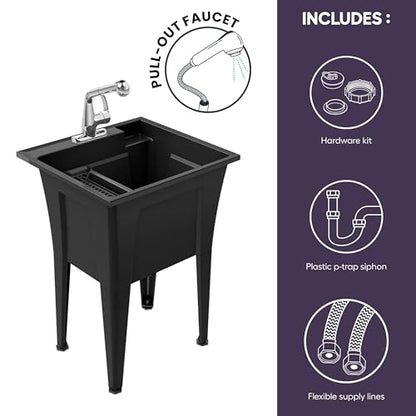 Freestanding Utility Sink with One Handle Chrome Faucet - 24" Plastic Utility Sink for Garage, Laundry, Indoor and Oudoor Use - Laundry Tub Kit by Noah William Home - Black (19.5 gal) - color: Black - One handle chrome faucet