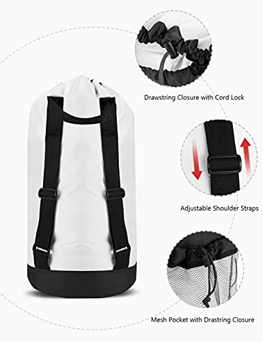 Dalykate Backpack Laundry Bag, Laundry Backpack with Shoulder Straps and Mesh Pocket Durable Nylon Clothes Hamper Bag with Drawstring Closure for College, Travel, Laundromat, Apartment - color: White