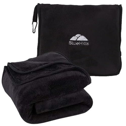 BlueHills Premium Soft Tall Travel Blanket Pillow Airplane Flight Blanket Long Throw in Bag Pillowcase with Backpack Clip Compact Large Long Traveling Essentials Portable Black T054 - color: Black-long-t054