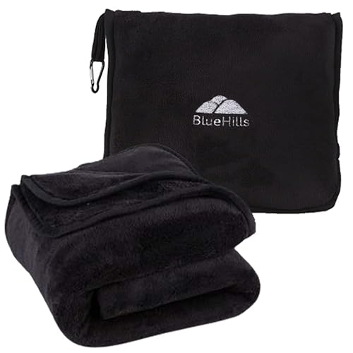 BlueHills Premium Soft Tall Travel Blanket Pillow Airplane Flight Blanket Long Throw in Bag Pillowcase with Backpack Clip Compact Large Long Traveling Essentials Portable Black T054 - color: Black-long-t054