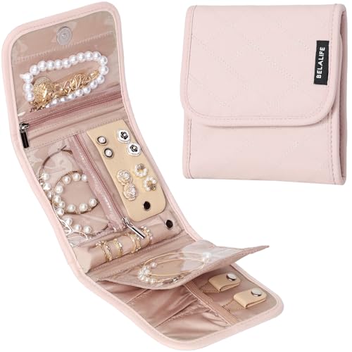 BELALIFE Travel Jewelry Case Organizer, Small Foldable Storage Roll for Earrings, Necklaces, Rings, Bracelets, Brooches, Pink - color: Pink, size: Small
