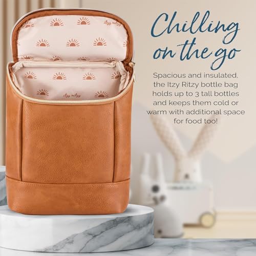 Itzy Ritzy Insulated Bottle Bag – Keeps Bottles Warm or Cool - Holds 3 Bottles & Features Interior Pocket for Ice Pack (Not Included), Cognac - color: Cognac