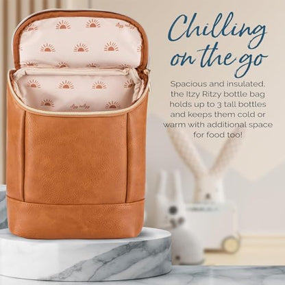 Itzy Ritzy Insulated Bottle Bag – Keeps Bottles Warm or Cool - Holds 3 Bottles & Features Interior Pocket for Ice Pack (Not Included), Cognac - color: Cognac