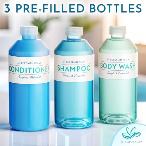Bergman Kelly - Replacement Shampoo, Conditioner & Body Wash Refill Set - 12.6 oz, 3 Piece Set - Tropical Waterfall - for Dispensers - Delight Guests with Invigorating & Refreshing Hotel Hospitality - size: 12.6 Fl Oz (Set of 3)