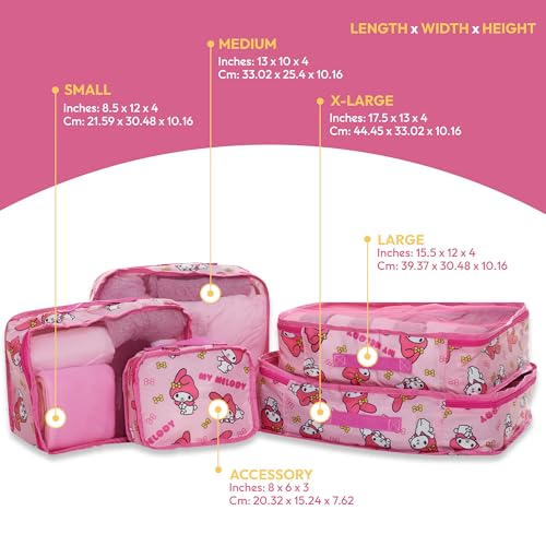 Sanrio's Hello Kitty Packing Cubes - 5 Piece Packing Cube Bags - Travel Essentials - Suitcase Luggage Organizer Set - Hello Kitty and Friends, My Melody, Kerromi, Kerropi, Badtz-Maru (My Melody) - color: Pink