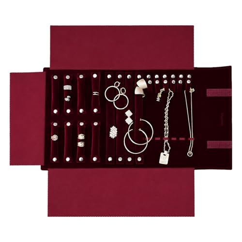 UnionPlus Velvet Jewelry Case Roll Bag for Necklace Bracelet Earrings Rings Multi-compartments, Great Jewelry Organizer for Travel, Burgundy - color: Burgundy, size: Regular