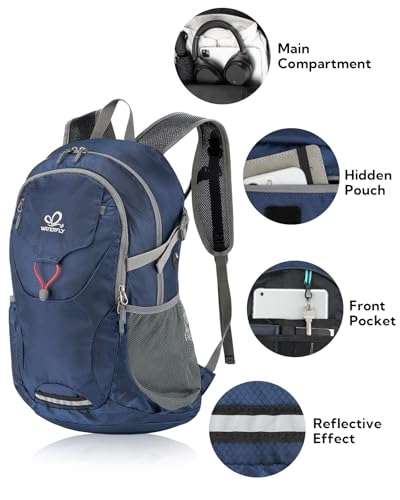 WATERFLY Lightweight Packable Hiking Backpack: 30L Foldable Travel Daypack Ultralight Camping Day Pack for Woman Man Dark Blue - color: Dark Blue