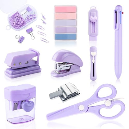 Purple Mini Office Supply Kit Mini School Supplies Desk Accessory Set Includes Mini Stapler Pencil Sharpener Staple Remover Hole Punch Ballpoint Pen Scissor Box Cutter Paper Clips Sticky Index Tabs - color: Purple