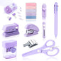 Purple Mini Office Supply Kit Mini School Supplies Desk Accessory Set Includes Mini Stapler Pencil Sharpener Staple Remover Hole Punch Ballpoint Pen Scissor Box Cutter Paper Clips Sticky Index Tabs - color: Purple