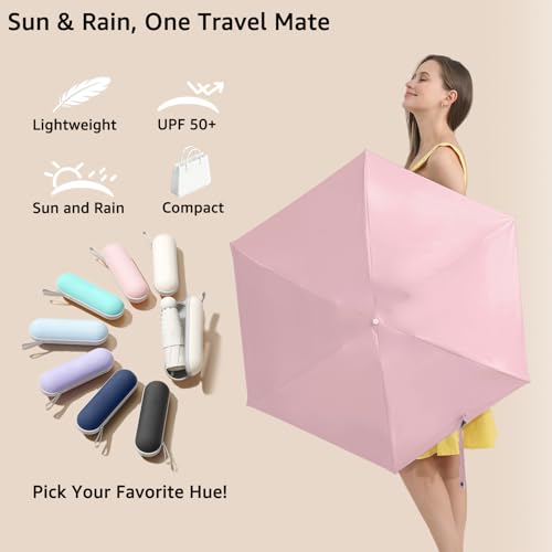 BAODINI Travel Essentials Mini Umbrella for Purse With Case Small Compact UV Sun Protection Lightweight Tiny Pocket Manual Open Close Umbrella for Women Kids and Men Fits Purse Backpack - color: G-2 Pack Pink & Beige