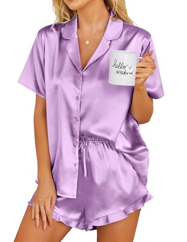 Ekouaer Womens Satin Pajamas Set Button Down 2 Piece Silk Pjs Shorts Set Ruffle Lingerie Notch Collar Sleepwear - color: Lavender, size: X-Large
