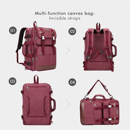 WITZMAN Canvas Travel Backpack for Women Large Laptop Backpack Fit 16 inch Carry-on Airline Approved Convertible Shoulder Rucksack(A6617-3 Red) - color: Red
