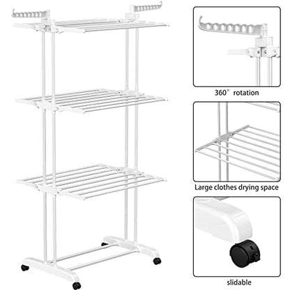 HOMIDEC Clothes Drying Rack, Large 4-Tier Foldable Drying Rack Clothing(67.7H x 19.7W x 30L Inches), Movable with 4 Castors. Multifunctional Stainless Steel Laundry Drying Rack, White - color: White