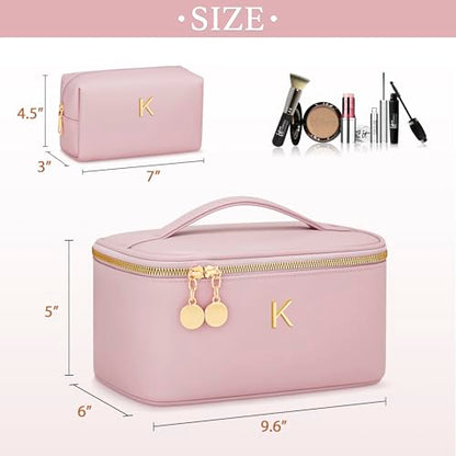 Personalized Initial Makeup Bag Gifts for Women, Large Travel Cosmetic Organizer with Handle & Divider, PU Leather Toiletry Bag for Girls, Birthday Bridesmaid Gift Set - Pink - K - color: Pink, style: K