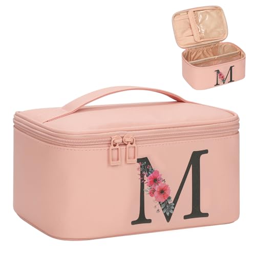 OCHEAL Initial Makeup Bag,Monogram Make up Bag Pink Travel Makeup Organizer Case Beauty Toiletry Cosmetic Bag with Brush Holder, Trendy Stuff Personalized Gifts for Women and Girls-M - color: Pink, style: M