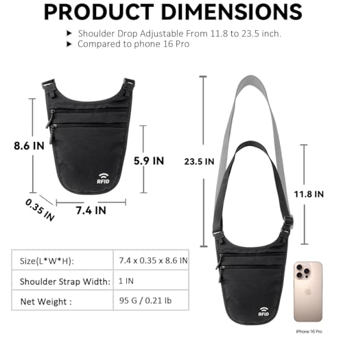 Crossbody Money Belt for Travel Women & Men Hidden, Travel Wallet Pouch - Slim Passport Holde, RFID Blocking Neck Wallet Under Clothes to Protect Cash, Credit Cards and Documents (BLACK) - color: BLACK