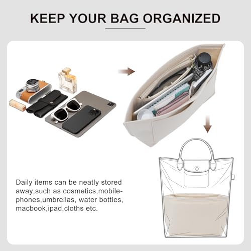 Purse Organizer Insert Compatible with Longchamp Le Pliage M Top Handle Tote Bag, Beige/SM - color: Beige, size: M Tote Bag (Top Handle)