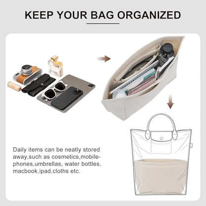Purse Organizer Insert Compatible with Longchamp Le Pliage M Top Handle Tote Bag, Beige/SM - color: Beige, size: M Tote Bag (Top Handle)