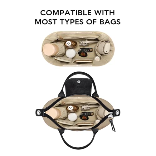 GIVLEFLY Purse Organizer Insert with Water Bottle Holder, Waterproof Nylon Handbag Insert Organizer with Multiple Pockets & Interior Zipper Pocket, Quilted Structured Divider, Top Snap Closure - size: Medium
